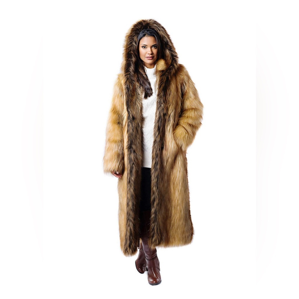 Red Fox Hooded Full-Length Faux Fur Coat